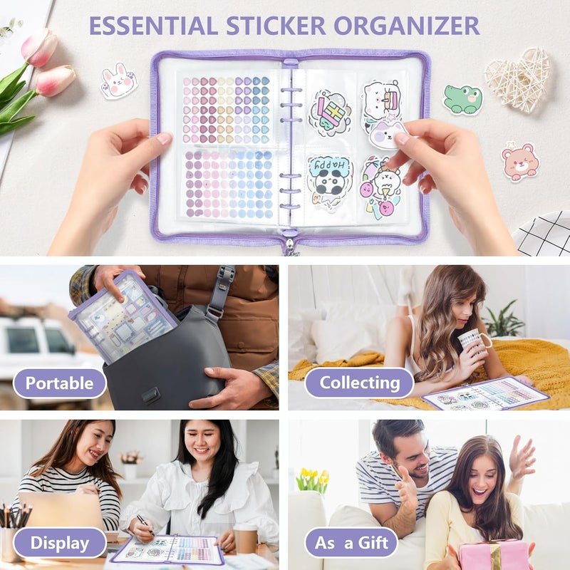 NOCAFI Sticker Organizer Binder Storage Book A5 Reusable Sticker Book Collecting Holder Display Album with 220 Pockets and Zipper Closure (Purple) - Image 4